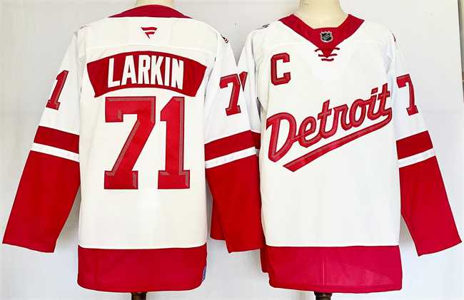 Mens Detroit Red Wings #71 Dylan Larkin White Red 2024-25 With C Patch Stitched Jersey->detroit red wings->NHL Jersey